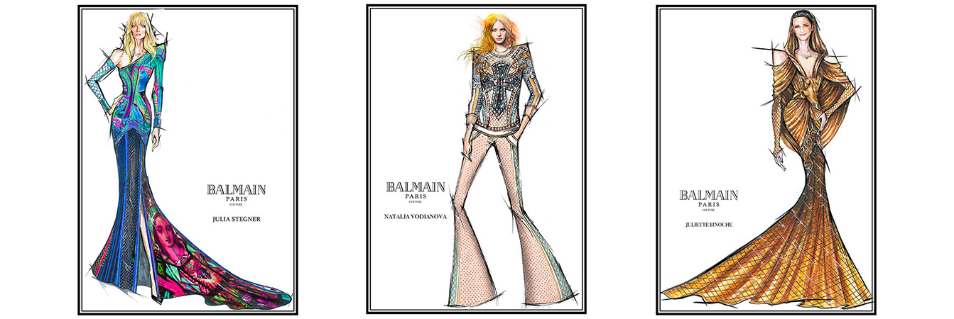 Balmain - MET GALA 2018 - BALMAIN'S (RED) CARPET Original sketch by Olivier  Rousteing of Julia Stegner's custom-made look at MET Gala 2018. The custom  gown is auctioned off on www.Ifonly.com/RED to